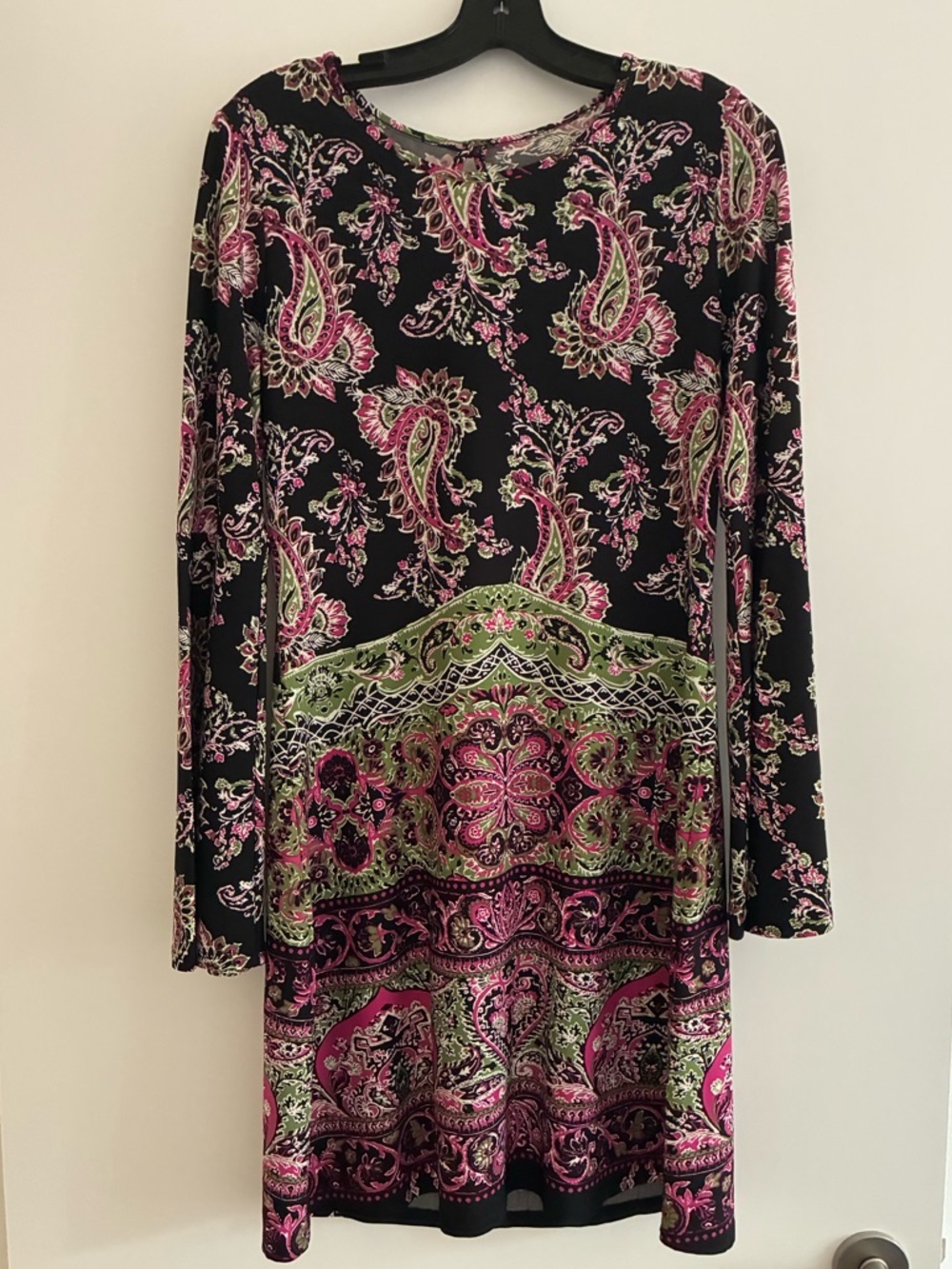 Black Paisley Print Long-Sleeve Dress with Pink and Green Accents